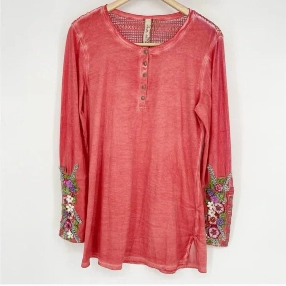 Aratta Silent Journey Floral Embroidered Embellished Cuff Henley Long Sleeve Top